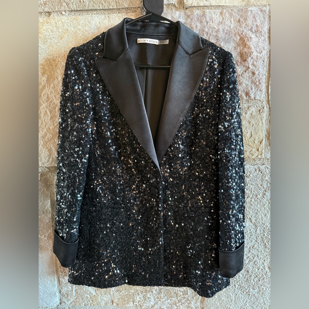 Alice + Olivia Black Sequin Satin-Lapel Blazer